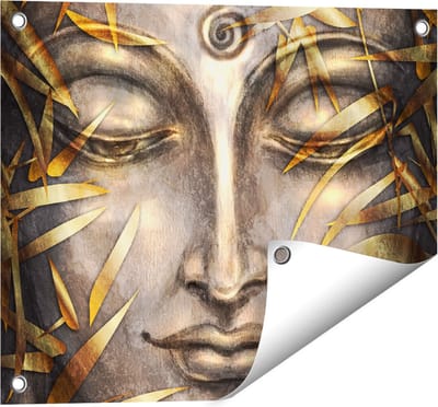 Gards Tuinposter Boeddha Beeld met Gouden Bladeren - 50x40 cm - Tuindoek - Tuindecoratie - Wanddecoratie buiten - Tuinschilderij