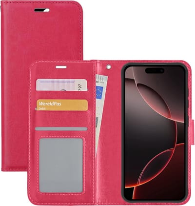 Hoesje - Met Pasjeshouder - Geschikt voor Apple iPhone 16 Pro - Luxe Bookcase Portemonee - Flip Case - Kunstleer Book Case - Flipcase - Book Cover - Walletcase - Portemonneehoes - Donkerroze