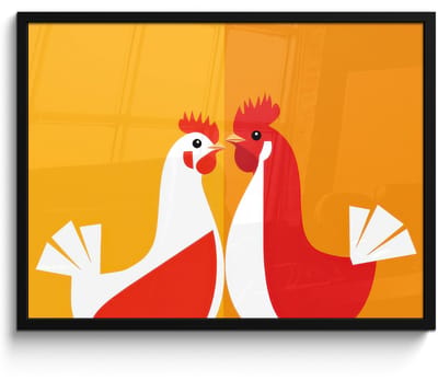 Poster in lijst - Fotolijst 80x60 cm - Posters - Kippen - Oranje - Vlakken - Posterlijst zwart - Decoratie - Wanddecoratie woonkamer - Muurdecoratie slaapkamer