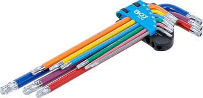BGS Stiftsleutelset - meerkleurig - extra lang - Torx met boring en kogelkop T10 - T50 - 9 delig