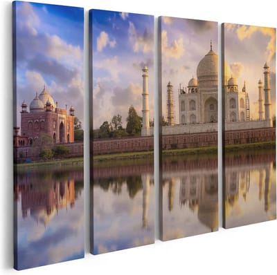 Artaza Canvas Schilderij Vierluik Taj Mahal bij het Water in India - 80x60 - Foto Op Canvas - Canvas Print