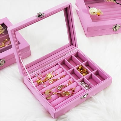 Flanellen Sieradendoos Sieraden Opbergkoffer met Veiligheidsslot voor Ketting Oorbellen Armbanden Ringen pink