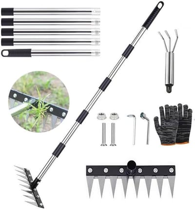 Thijox - Onkruidschaar met lange steel 185 cm, 8 tanden, onkruidhark voor tuin en terras, tuinhark voor gazon, onkruidverdelger, ideaal voor tuinieren