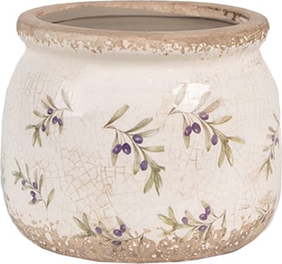 Keramiek Bloempot voor Binnen – Blauw Olijven – Rustieke Pot – Ø 12 cm – Olijvenmotief
