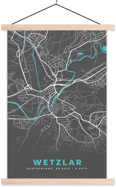 Posterhanger incl. Poster 40x60 cm - Schoolplaat - Blauw – Duitsland – Plattegrond – Stadskaart – Kaart – Wetzlar - Textielposter - Blanke latten - Stadskaart
