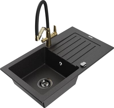 Mexen Pablo granieten spoelbak 1-komors met afdruiprek en keukenmengkraan Duo, zwart/zilver metallic - 6510-73-671701-57-B