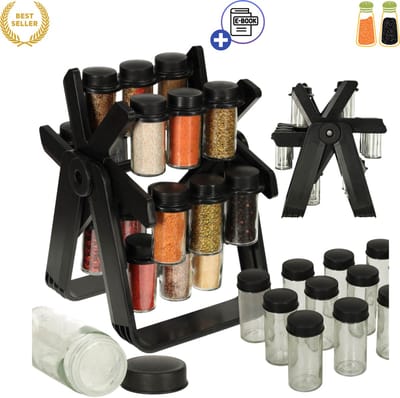 IKONKA Draaibare kruidenmolen organizer met 18 glazen potjes matte zwarte kruidenhouder draaicarrousel voor keuken aanrecht ruimtebesparend overzichtelijk eenvoudig doseren modern design duurzaam en voedselveilig voor dagelijks gebruik Met Ebook