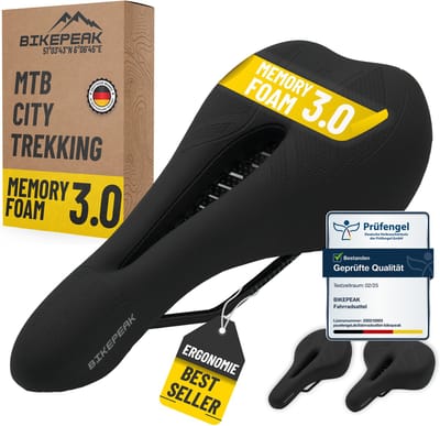 BikePeak traagschuim fietszadel voor heren - Comfortabel, waterafstotend MTB-zadel in zwart, ergonomisch en ademend voor mountainbike
