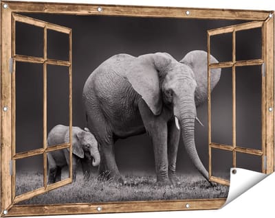 Gards Tuinposter Doorkijk Olifant Moeder en Zoon - Zwart Wit - 120x80 cm - Tuindoek - Tuindecoratie - Wanddecoratie buiten - Tuinschilderij