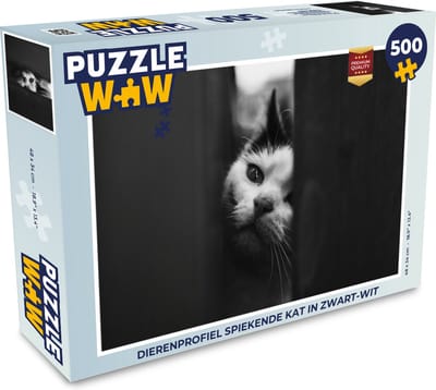 Puzzel Dierenprofiel spiekende kat in zwart-wit - Legpuzzel - Puzzel 500 stukjes