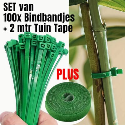 Allernieuwste.nl® SET 100 Stuks Kabelbinders Tuinieren Planten Band Binders - Bindbandjes Plantenclips Tuin - PLUS 2 Meter Planten Tape - 100 Stuks 20 cm + 2 Mtr Tuin Tape Groen %%