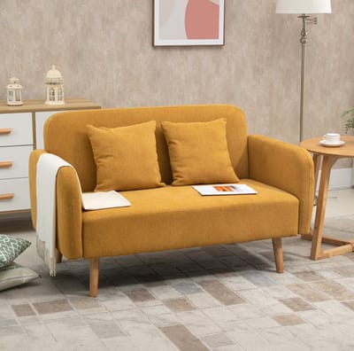 OKWISH Zitbank 130 x 70 x 80 cm - Compacte 2-Zitsbank Met 2 Kussens En Verstelbare Voetdoppen - Voor Kleine Ruimtes - Polyester - Naturel En Geel