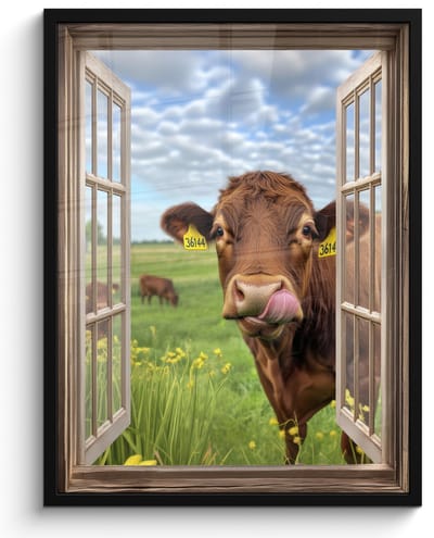 Poster in lijst - Fotolijst 50x70 cm - Posters - Doorkijk - Koe - Weiland - Landschap - Dieren - Posterlijst zwart - Decoratie - Wanddecoratie woonkamer - Muurdecoratie slaapkamer