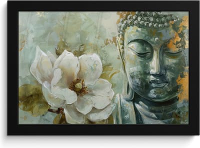 Poster in lijst - Fotolijst 30x20 cm - Posters - Boeddha - Groen - Lotusbloem - Wit - Posterlijst zwart - Decoratie - Wanddecoratie woonkamer - Muurdecoratie slaapkamer
