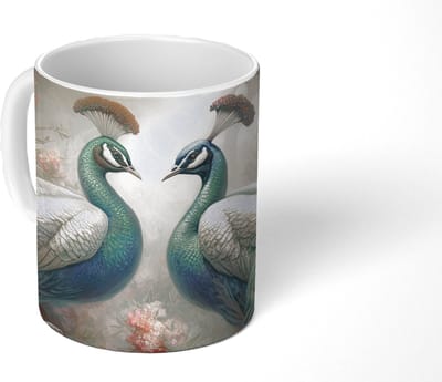 Mok - Koffiemok - Pauwen - Pauwenveren - Vogels - Bloemen - Natuur - Mokken - 350 ML - Beker - Koffiemokken - Theemok