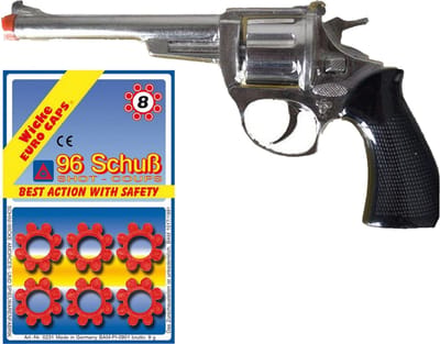 Cowboy/politie speelgoed revolver/pistool - metaal - voor 8 schots ringen plaffertjes - 96 shots in de set