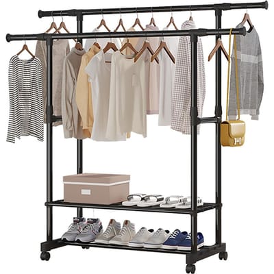 Aoresac kledingrek met dubbele stang en planken, in hoogte en lengte verstelbaar, draagbaar metaal Double rod with 2 tier