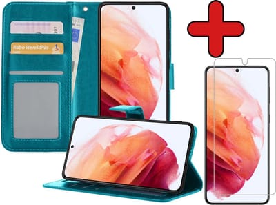 Hoesje - Met Screenprotector - Geschikt voor Samsung Galaxy S21 - Luxe Pasjeshouder - Flipcase - Bookcase Portemonee - Flip Case - Kunstleer Book Case - Book Cover - Walletcase - Portemonneehoes - Telefoonhoes - Turquoise