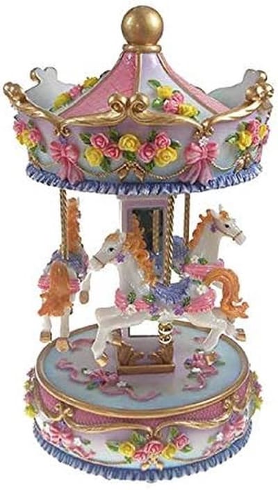 Geanimeerde muziekdoos / muziekdoos gemaakt van hars in de vorm van een miniatuurcarrousel met roterende paarden en 18-noten wind up muzikaal mechanisme - Wals van de bloemen (P. I. Tsjaikovsky)