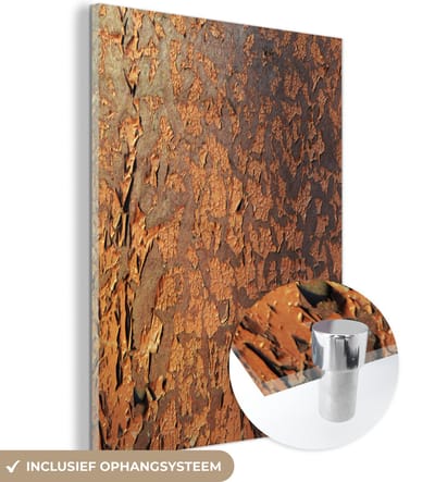 MuchoWow® Glasschilderij 90x120 cm - Schilderij acrylglas - Roest - Bruin - Oranje - Metaal - Patroon - Structuur - Foto op glas - Schilderijen