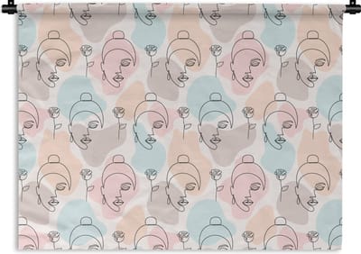 Wandkleed - Wanddoek - Vrouw - Bloemen - Line Art - Pastel - Patroon - 120x90 cm - Wandtapijt