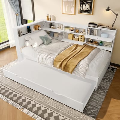 Sweiko Slaapbank - 90x200cm - Opbergruimte - Met uitschuifbaar bed - Zonder matras - Wit