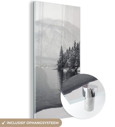 MuchoWow® Glasschilderij 20x40 cm - Schilderij acrylglas - Water - Winter - Natuur - Dennenboom - Foto op glas - Schilderijen