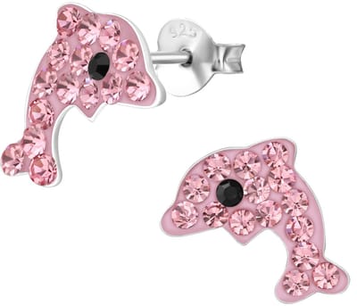 Joy|S - Zilveren dolfijn oorbellen - roze kristal - 12 x 10 mm - kinderoorbellen