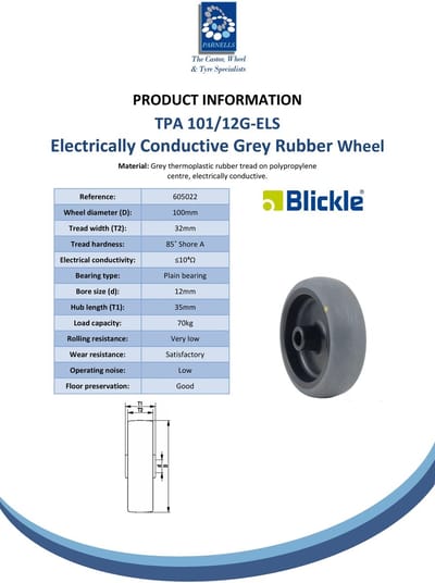 Wiel van 100 mm met grijs, elektrisch geleidend thermoplastisch rubber op een polypropyleen basis
