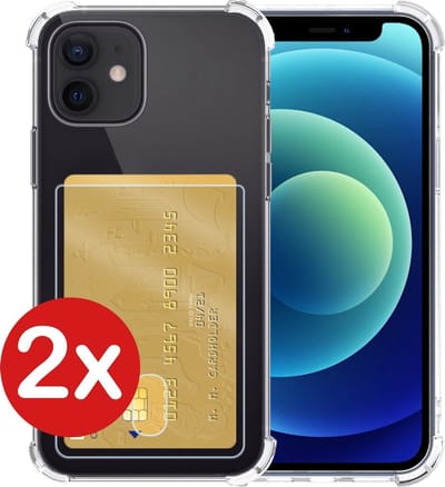 Hoesje - 2 Stuks - Geschikt voor Apple iPhone 12 Mini - Met Pashouder en Kaarthouder - Telefoon Hoes Shockproof - Back Cover - Siliconen Case - Shock Proof - Pasjes Houder - Telefoonhoes - Transparant