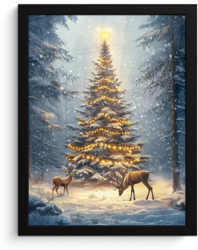 Poster in lijst - Fotolijst 30x40 cm - Posters - Kerstlicht - Woud - Hert - Donker - Posterlijst zwart - Decoratie - Wanddecoratie woonkamer - Muurdecoratie slaapkamer - Kerstversiering - Kerstdecoratie voor binnen - Kerstmis