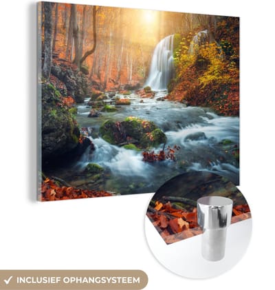 MuchoWow® Glasschilderij 40x30 cm - Schilderij acrylglas - Waterval - Zon - Herfst - Foto op glas - Schilderijen
