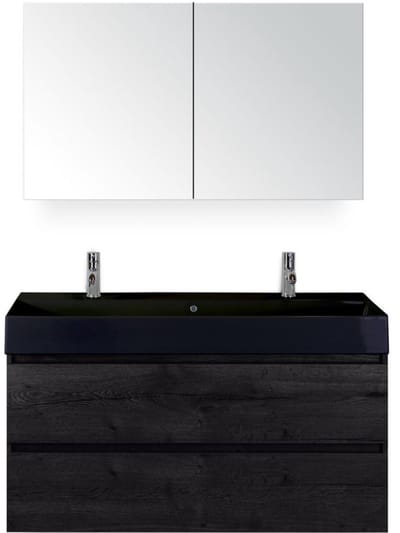 Maxx XL Badmeubelset 120 cm - Black Oak - Wastafel Kube Enkel Zwart 2 Kraangaten met Spiegelkast