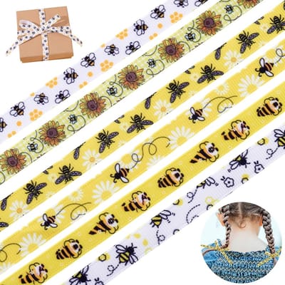 Dailygoods- Cadeaulint Gele Honing - Lentebijen Ontwerp - 6 Rollen - 1,9 cm Breed - Handwerk - Decoratie - Creatieve Opties - Decoratielint