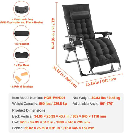 JAQZY Ligbed - Ligstoel Tuin - Tuinstoel - Ligbedkussen - Comfort - Opvouwbaar - Verstelbare rugleuning - Stalen Frame - Zwart