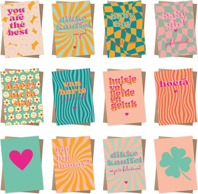 12x hippe gekleurde kaartjes (A6 formaat) in RETROLOOK - kaartjes om te versturen - kaartenset - kaartjes blanco - kaartjes met tekst - wenskaarten