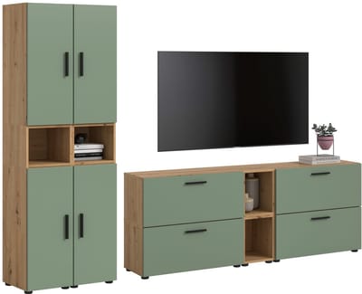 Modulaire woonwand in artisan eik en rookgroen - Stijlvolle opbergoplossing - 259cm