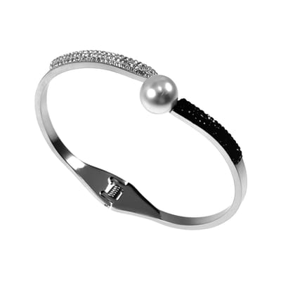 Open Bangle Armband Dames - Parel - Zirkonia -Stalen Zilverkleur - One-Size 16 tot 17