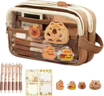 Pennenzakken Met 6 Pennen & Capybara Knuffel & Spullen 5 Lagen Grote Opening Kawaii Etui Esthetiek Schattig Pennen Set