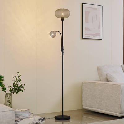 Lindby - vloerlamp - 2lichts - Glas, ijzer - H: 180 cm - E27 - zwart, rookgrijs