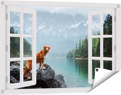Gards Tuinposter Doorkijk Retriever Hond bij het Water in de Bergen - 90x60 cm - Tuindoek - Tuindecoratie - Wanddecoratie buiten - Tuinschilderij