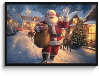 Poster in lijst - Fotolijst 90x60 cm - Posters - Kerstman - Dorp - Hert - Donker - Posterlijst zwart - Decoratie - Wanddecoratie woonkamer - Muurdecoratie slaapkamer - Kerstversiering - Kerstdecoratie voor binnen - Kerstmis