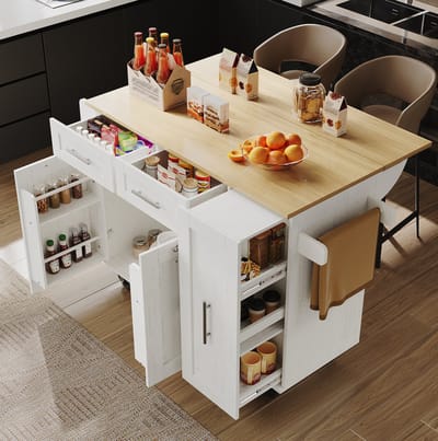 MEUNIQ keukenisland en keukentrolley 110 x 46 x 90,5 cm met opklapbaar tafelblad, opbergruimte en wielen, eettafel voor keuken of eetruimte, wit