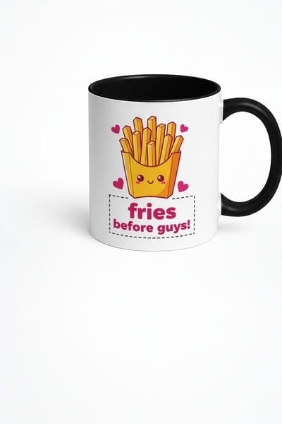 Mok "Fries Before Guys" - Grappige Koffiemok met Schattige Frietjes Print - Uniek Cadeau