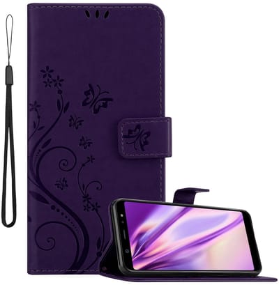 Cadorabo Hoesje geschikt voor Samsung Galaxy A6 PLUS 2018 in BLOEMEN DONKER PAARS - Beschermhoes in bloemmotief met magnetische sluiting, standfunctie en kaartsleuven Book Case Cover Etui