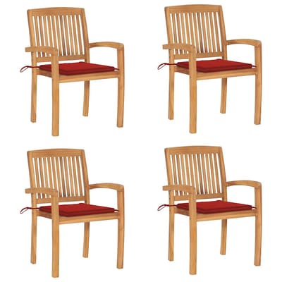 vidaXL - Tuinstoelen - stapelbaar - 4 - st - met - kussens - massief - teakhout