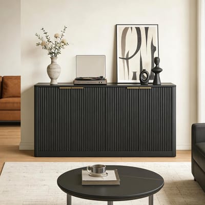 Moderne opbergkast met golvend paneeldesign - 150x40x70,5 cm zwart - 4 deuren, uniek 3D-golfreliëf, houtnerf werkblad - Metalen grepen, vloerbescherming - Multifunctioneel voor woonkamer, keuken, eetkamer en slaapkamer