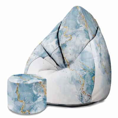DreamRoots Velvet Zitzak voor Volwassenen – Luxe Beanbag met Voetsteun en Afneembare Hoes – Inclusief Vulling – 80x80x120 cm - Blue Elegant Marmur