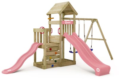 Wickey - Speeltoestel SkyFlyer met 2 glijbanen en schommelaanbouw - Speelhuis, Speeltoestel, Klimtoestel, Klimrek, Glijbaan, Schommel, Zandbak - Pastel Roze