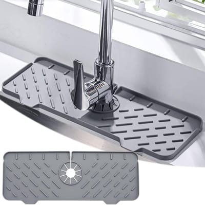Siliconen afdruipmat, afdruipmat, servies voor kraan, afdruipmat, gootsteen onder kraan, gootsteenmat, keukenbadkamer, gootsteenorganizer voor sponzen, borstels, zeep, grijs, A-stijl